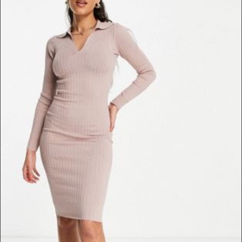 QED London polo knitted midi dress in taupe